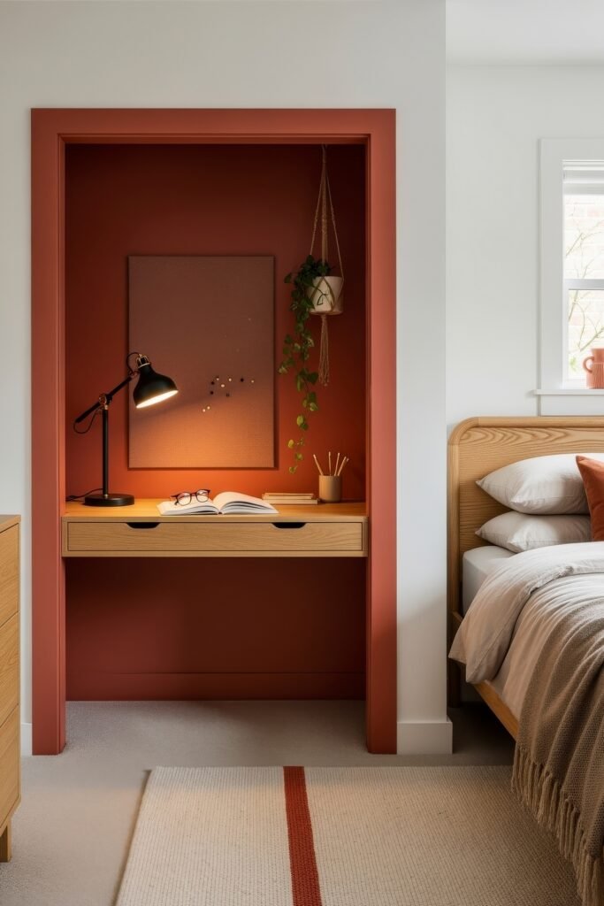 Small Bedroom Office Combo Ideas That Actually Look Chic 25 Warm-toned bedroom with a recessed terracotta desk alcove, hanging plant, black desk lamp, and a bed with a wooden headboard.
