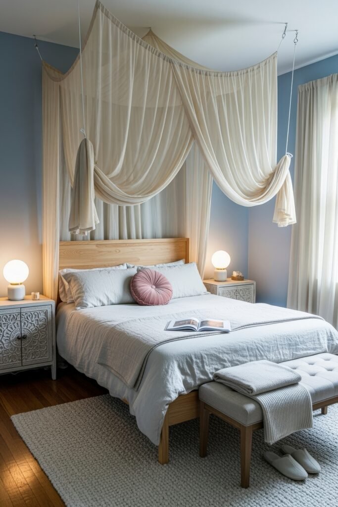 Small Bedroom Style Ideas: 15 Chic Looks That Work 25 Blue-walled small bedroom with a light wood bed, draped canopy, and soft white bedding accented by a round pink pillow.