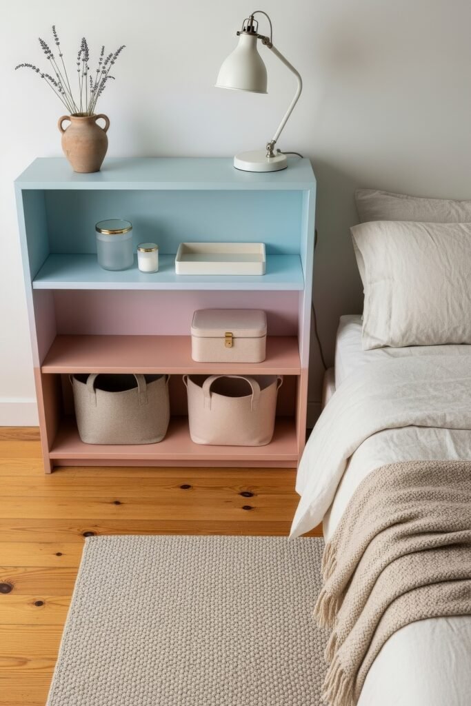 Smart, Stylish Storage Ideas for Small Bedrooms 22 Two-tone pastel bedside shelf with baskets, decorative jars, and a table lamp, providing functional and stylish storage for a compact bedroom.