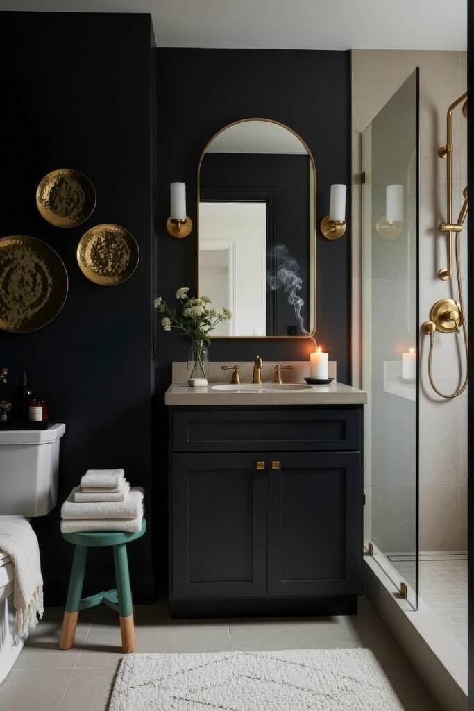 Black and Gold Bathroom Decor Ideas for Luxe Everyday Calm 21 Bathroom with black vanity, arched mirror, gold fixtures, glass shower, and hammered gold wall accents, styled with fresh flowers and a lit candle for black and gold bathroom decor ideas.