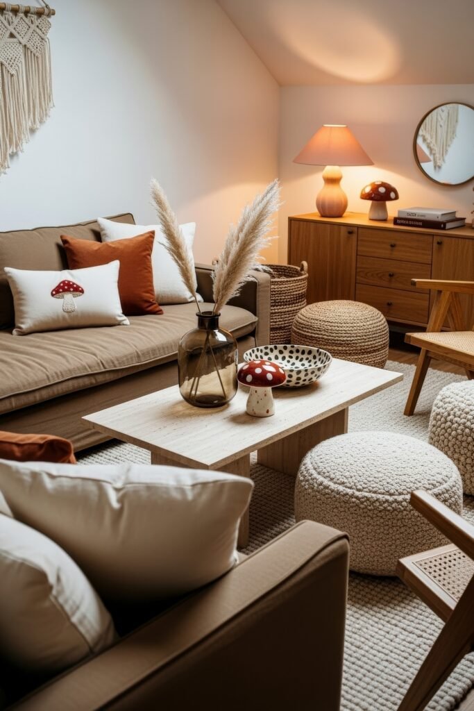 Cozy Boho Fall Decor: Ideas for Warm, Collected Style 24 Boho-inspired living room with a tan sofa, pampas grass centerpiece, mushroom accents, and woven poufs for a relaxed fall vibe.