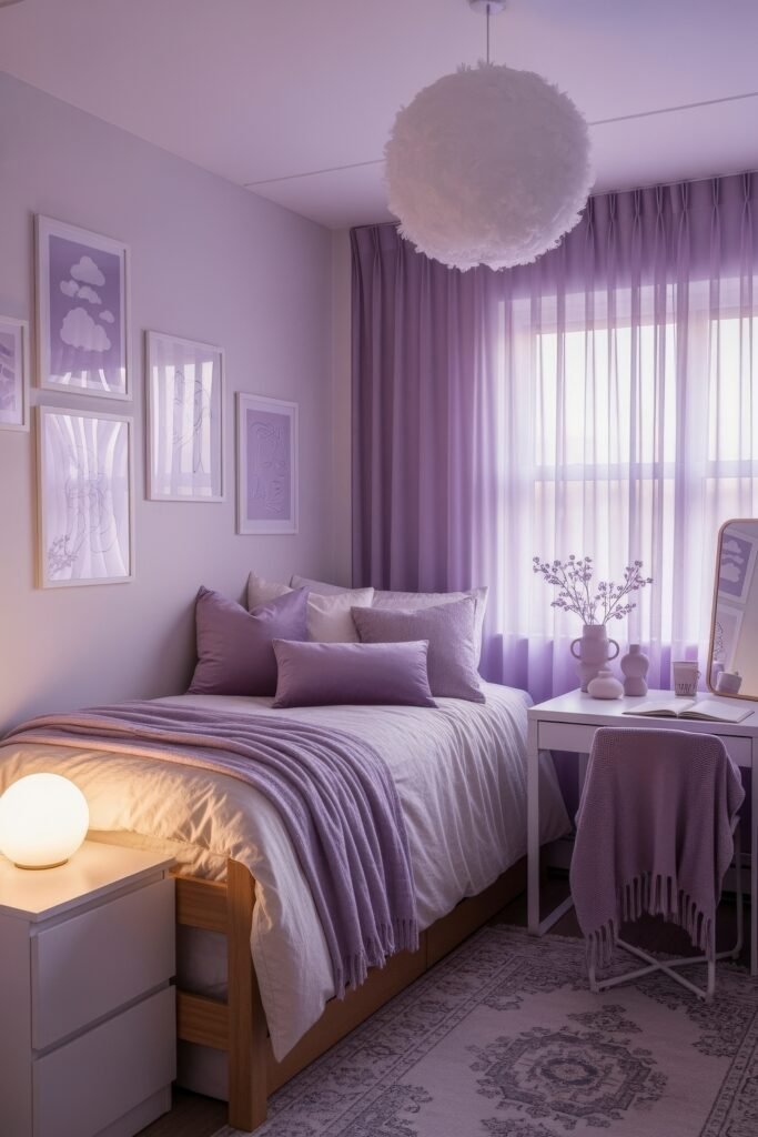 Trend-Forward dorm wall décor Ideas 20 Purple-toned dorm bedroom glow-up with lavender bedding, sheer matching curtains, abstract line art on the wall, and soft ambient lighting for a dreamy vibe.