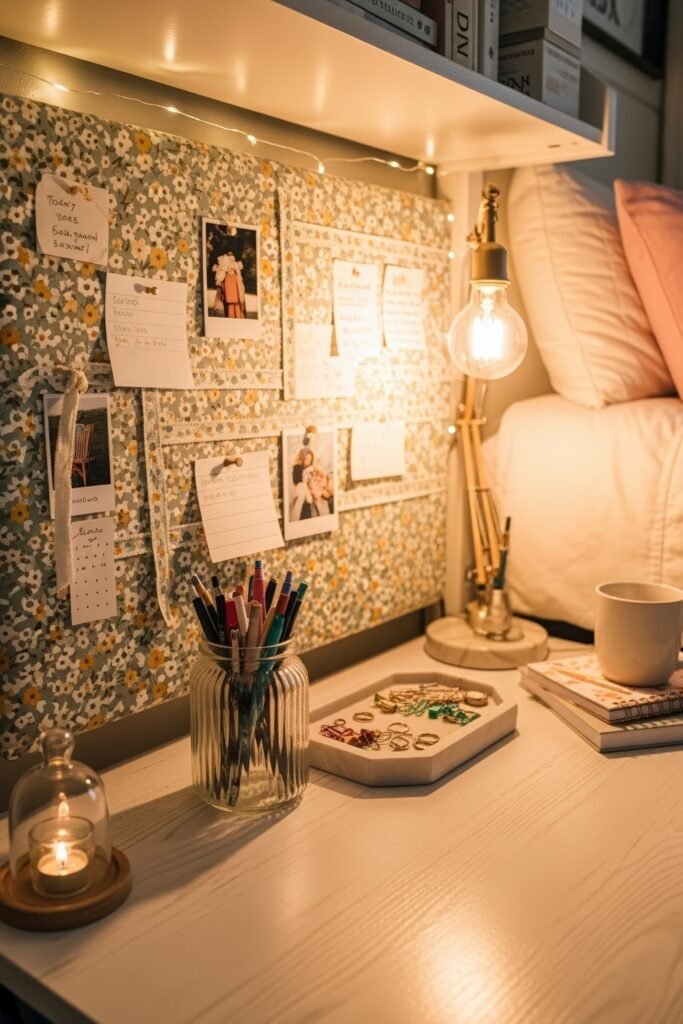 Dorm desk organization ideas for a chic glow-up 16 Creative dorm desk with a floral pinboard, string lights, Polaroids, pens in a jar, and colorful clips arranged on a tray.