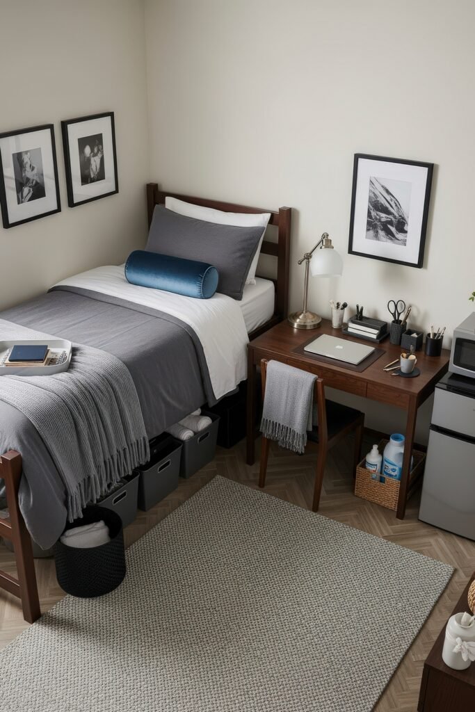 Dorm Room Ideas for Guys That Feel Grown 15 Minimalist dorm bedroom glow-up with gray bedding, a blue bolster pillow, dark wood desk neatly organized with a lamp and laptop, and framed black-and-white art.