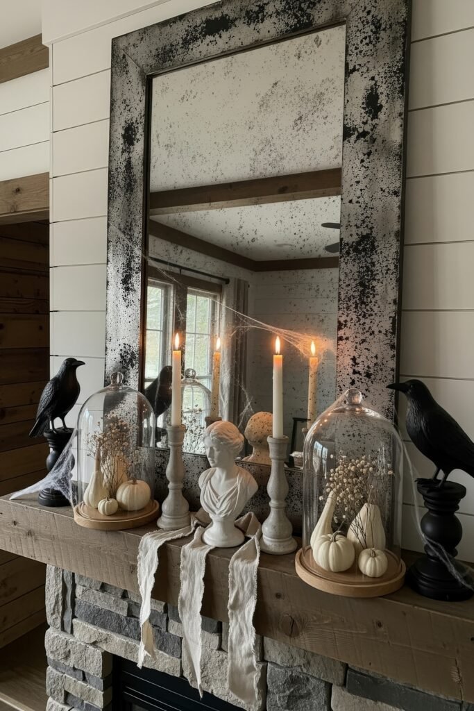 Chic Farmhouse Halloween: 13 Cozy, Stylish Decor Ideas 17 Farmhouse mantel decorated with cloche-covered pumpkins, a white bust statue, black crow figurines, taper candles, and faux cobwebs against an antique mirror.
