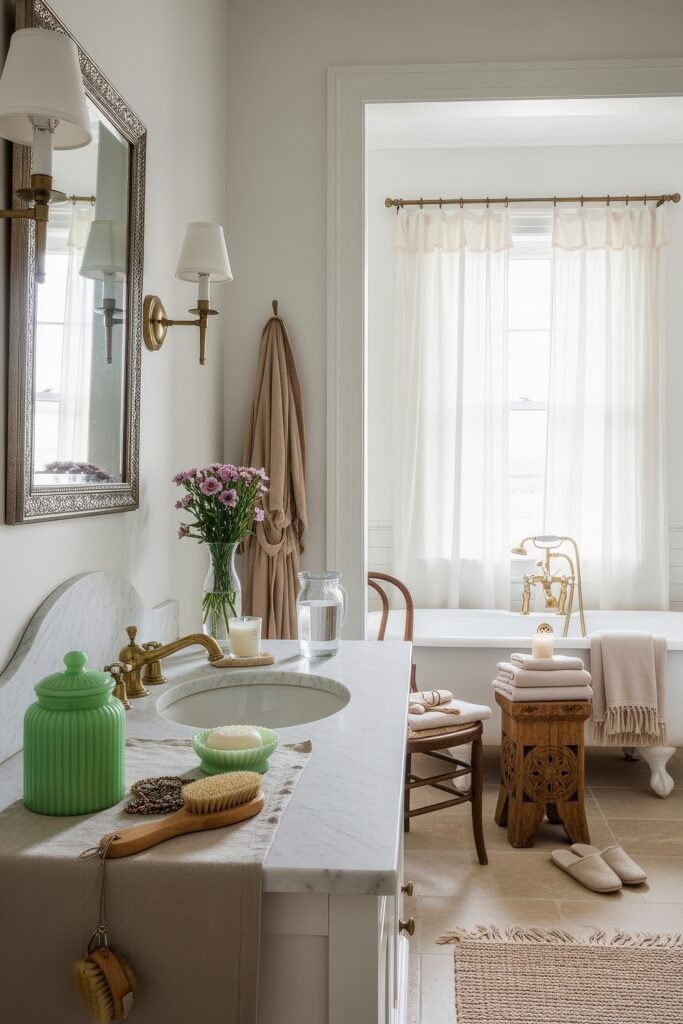 Elegant Ways to Layer french vintage bathroom décor 17 Inviting bathroom with a marble vanity, clawfoot tub, fresh flowers, and green apothecary jars adding a touch of french vintage bathroom décor.