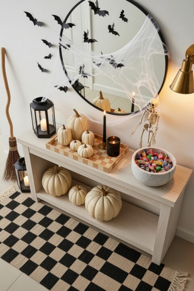 Spooky-Chic Magic: halloween home décor Ideas You’ll Love 21 Entryway decorated with white pumpkins, cobwebs over a round mirror, bat wall decals, a skeleton figurine, and a bowl of colorful Halloween candy.