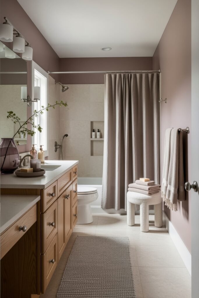 Fresh Ways to Style Pink Bathroom Decor: Looks That Glow 22 Cozy bathroom with muted pink walls, a wood vanity, and neutral stone tiles, decorated with a textured rug, stacked towels, and soft pink bathroom decor.