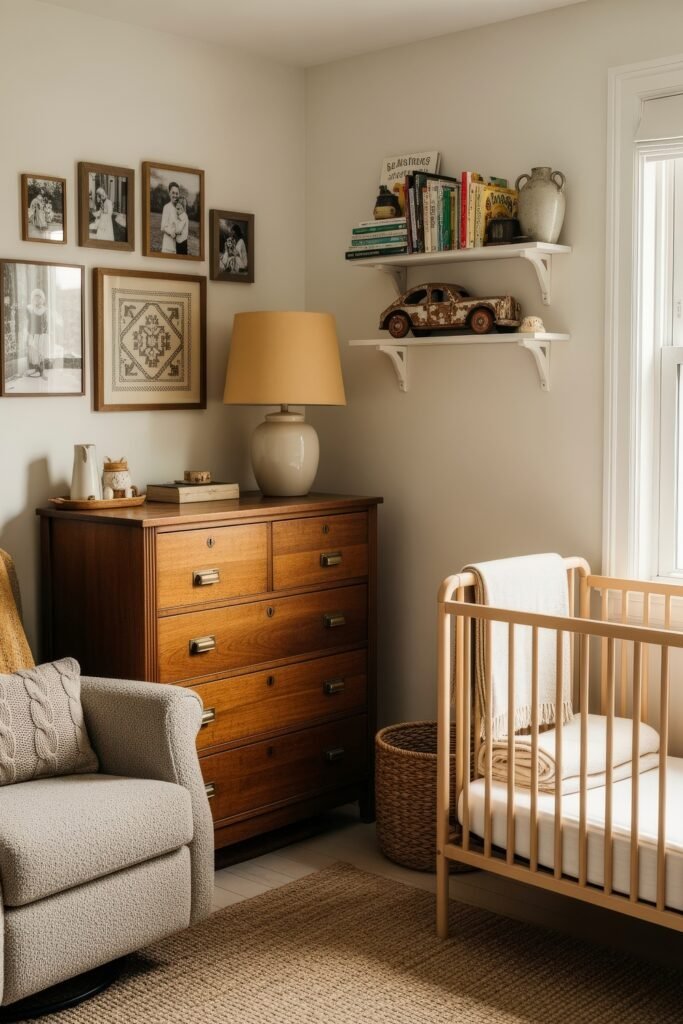 Dreamy Nursery Bedrooms: Baby Nursery Ideas for Boy 19 Vintage-inspired baby nursery with light wood crib, mid-century dresser, woven rug, and gallery wall of family photos for a nostalgic touch.