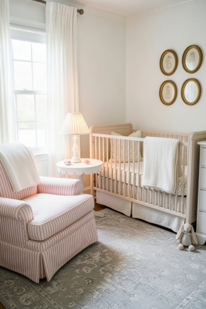 Dreamy & Stylish Baby Nursery Ideas for Girl 19 Soft pastel nursery with a striped pink armchair, white crib, scalloped side table, and vintage oval wall art for a sweet feminine touch.