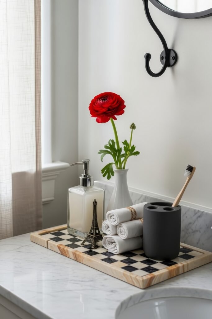 Stylish Bathroom Tray Ideas to Instantly Elevate Your Vanity 18 A checkered bathroom tray with rolled white towels, a soap dispenser, a toothbrush holder, a red flower in a vase, and a miniature Eiffel Tower, styled on a marble vanity with Parisian flair.