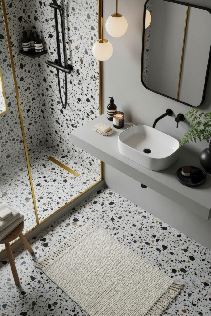 Black and Gold Bathroom Decor Ideas for Luxe Everyday Calm 22 Modern bathroom with terrazzo floors and shower walls, minimalist gray vanity with vessel sink, black fixtures, and globe pendant lights framed in gold.