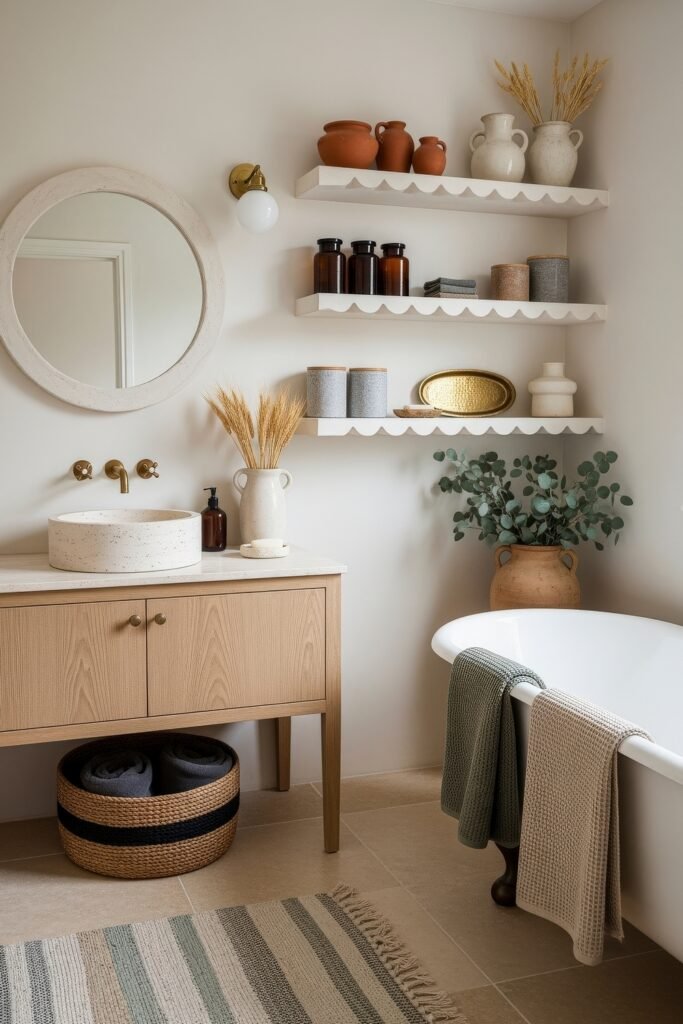 Fresh Ways to Layer Boho Bathroom Decor 22 Bright bathroom with freestanding tub, light wood vanity, scalloped shelves displaying terracotta and ceramic jars, and striped rug for charming Bathroom Decor Inspo.