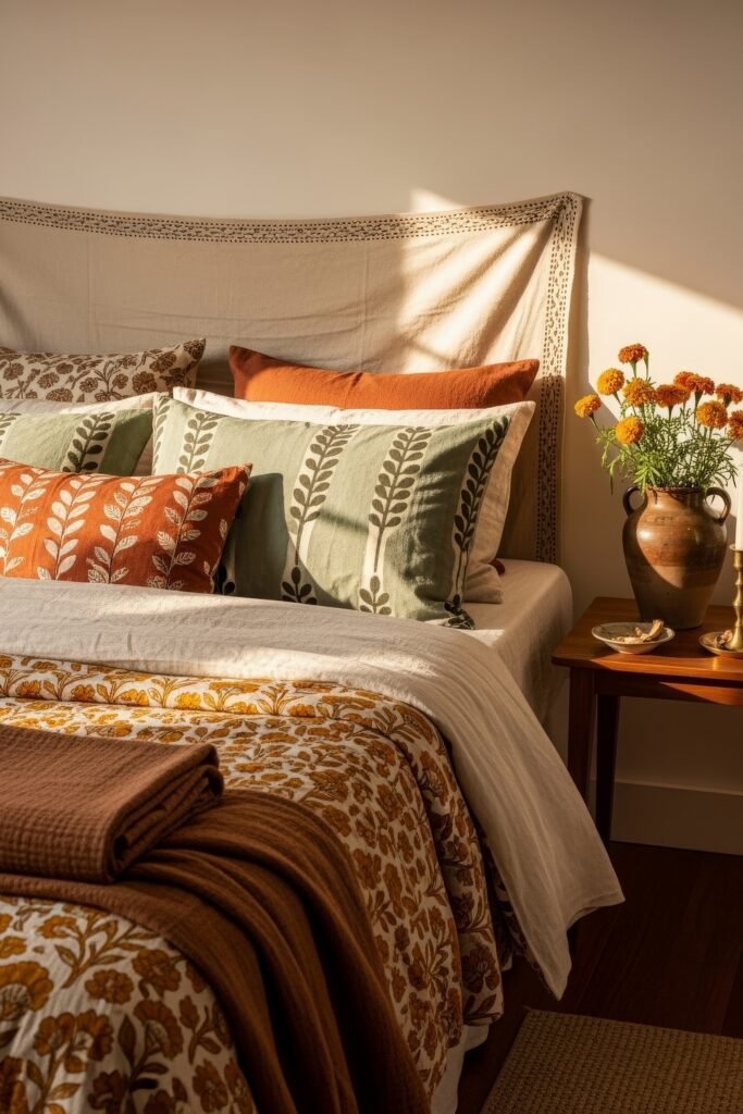 Cozy Boho Fall Decor: Ideas for Warm, Collected Style 25 Sunlit bedroom with patterned floral bedding, rust and sage pillows, and marigolds in a rustic vase for a natural autumn look.