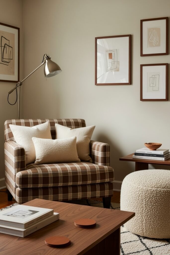 Chic Ideas for a Brown Apartment Aesthetic 19 Cozy reading nook with a brown plaid armchair, boucle ottoman, framed abstract artwork, and a mix of wood textures—inviting and distinctly brown apartment aesthetic.