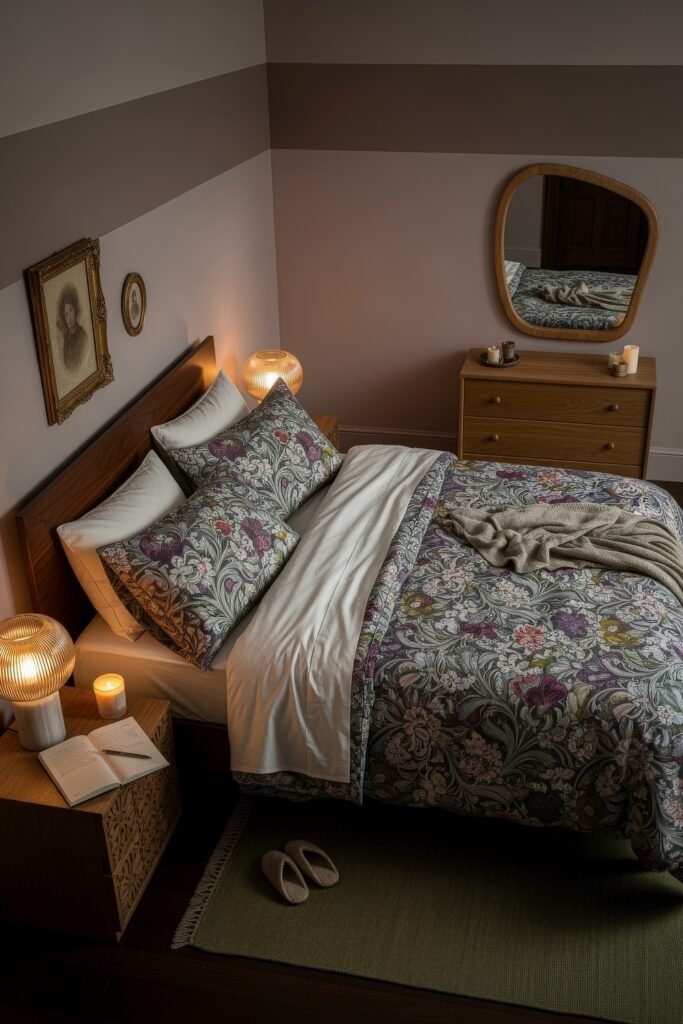 Soft & Stylish: Cozy Bedroom Ideas for an Effortless Retreat 24 Moody bedroom with floral-patterned bedding in shades of purple and green, warm ambient lighting, vintage portraits, and candles on wooden furniture.