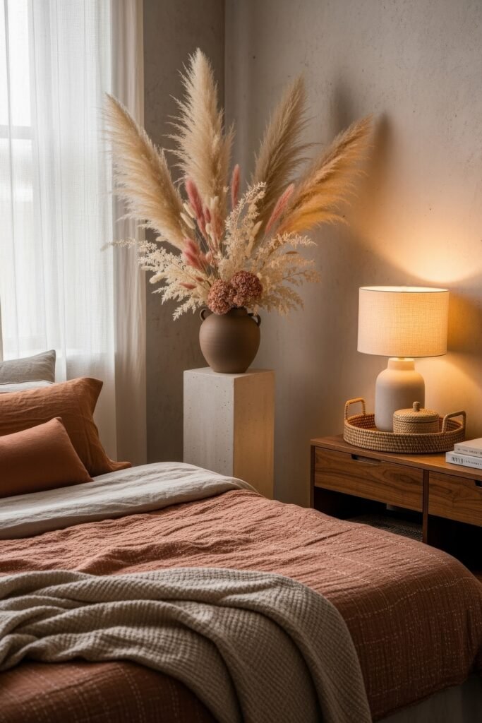 Dreamy Ways to Style a Cozy Boho Bedroom 20 Calm corner of a cozy boho bedroom with terracotta-toned bedding, neutral throw blanket, a pedestal with a large pampas grass arrangement, and a wooden nightstand topped with a glowing lamp and natural woven decor.