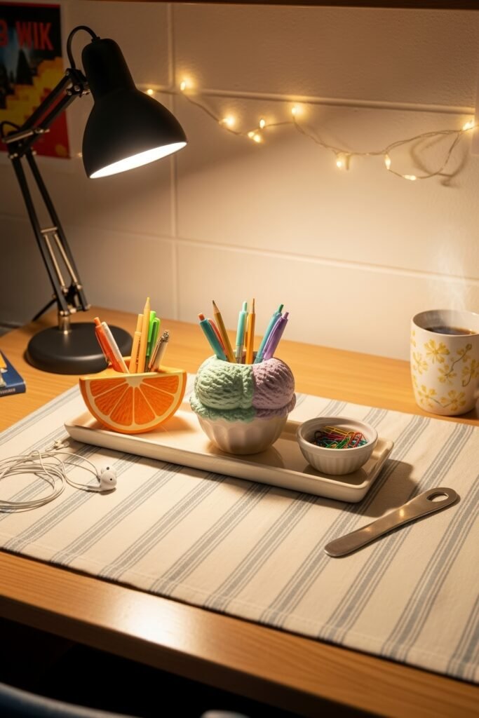 Dorm desk organization ideas for a chic glow-up 17 Fun dorm desk organization with quirky pen holders shaped like an orange slice and ice cream scoop, next to a mug of coffee.
