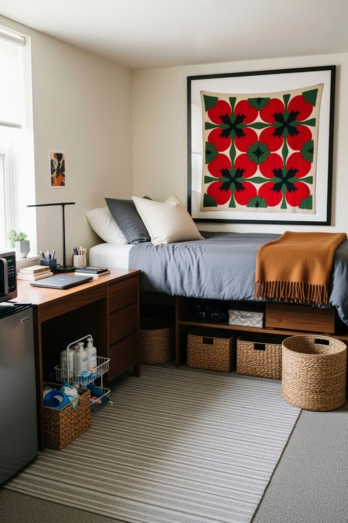 Dorm Room Ideas for Guys That Feel Grown 16 Stylish dorm room featuring a bold red and green tapestry above the bed, gray bedding with a rust throw blanket, and wood desk with woven storage baskets below.