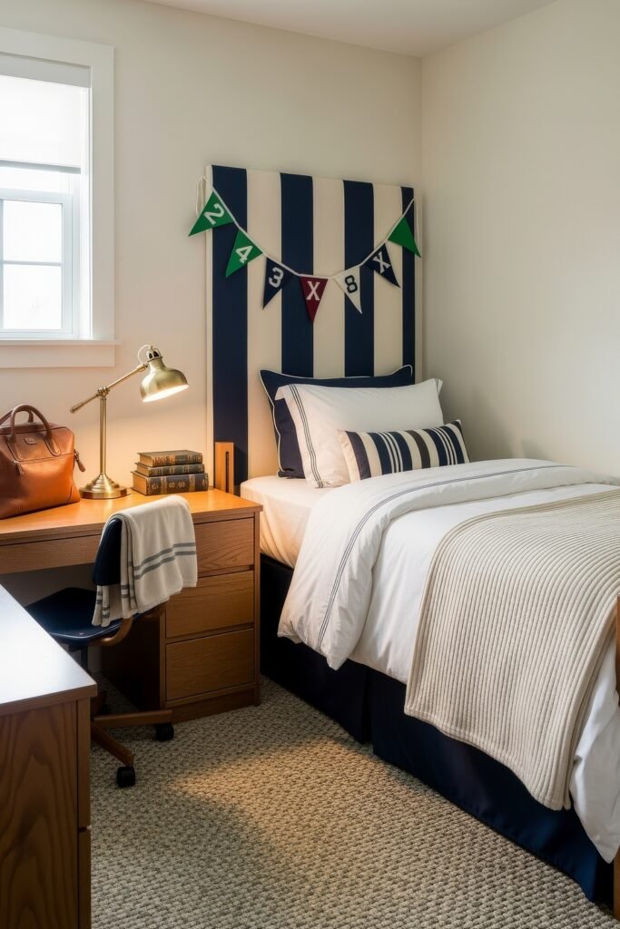Trend-Forward dorm wall décor Ideas 21 Classic dorm bedroom with navy-and-white striped dorm wall décor above the bed, nautical-inspired bedding, and a tidy wooden desk with a brass lamp.