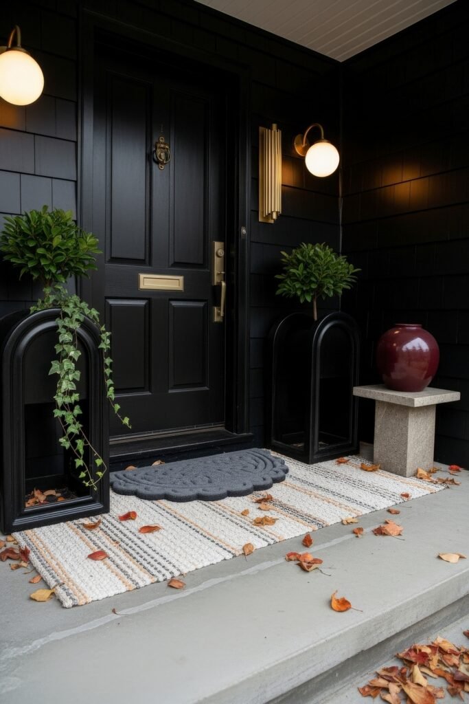 Cozy Entry Glow: Fall Porch Ideas to Try 21 Modern black front door framed by potted greenery, a striped rug, and a deep red vase on a stone side table, with scattered autumn leaves.