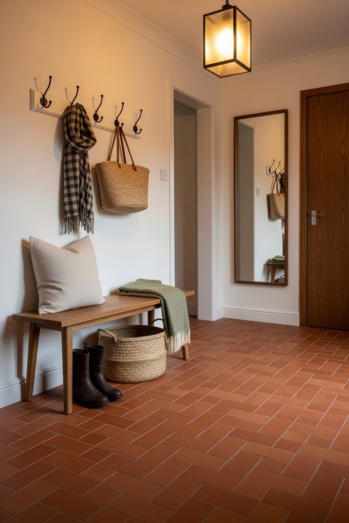 Fresh farmhouse fall decor Ideas for a Cozy, Modern Home 24 Entryway with terracotta tile floor, wooden bench, woven basket, boots, and wall hooks holding a plaid scarf and straw bag, styled with cozy fall decor.