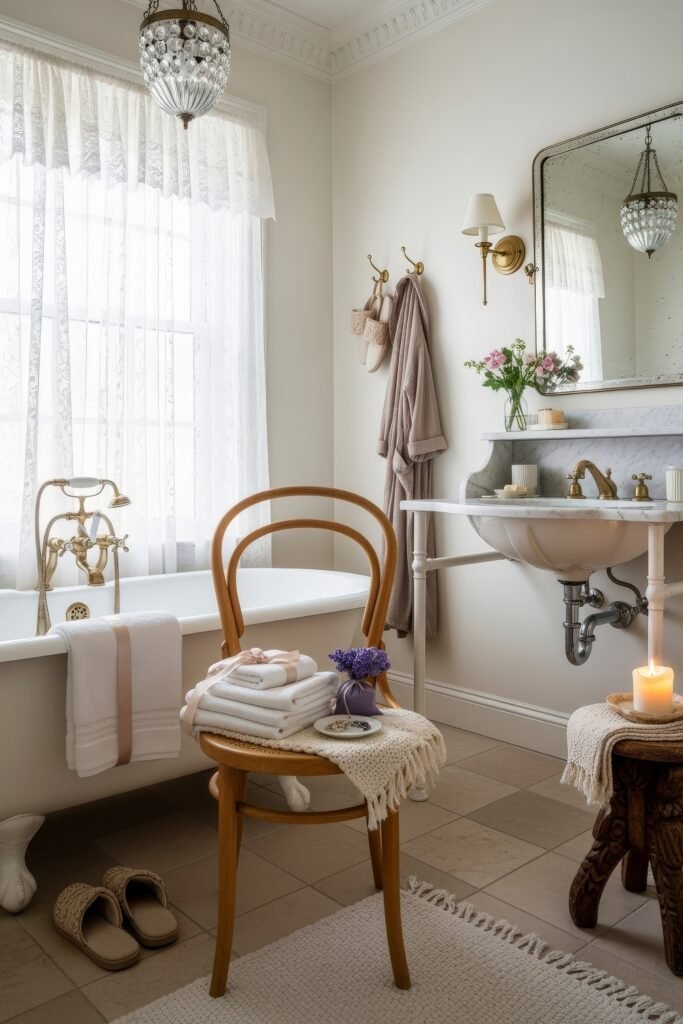 Elegant Ways to Layer french vintage bathroom décor 18 Charming bathroom with a marble sink, clawfoot tub, crystal chandelier, and a wooden chair topped with folded towels and fresh flowers.