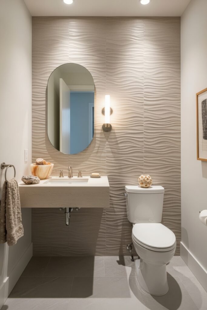 Half Bathroom Decor, Elevated: Jewel-Box Ideas 22 Modern bathroom featuring wavy beige tile, floating stone vanity, oval mirror, and minimalist lighting.
