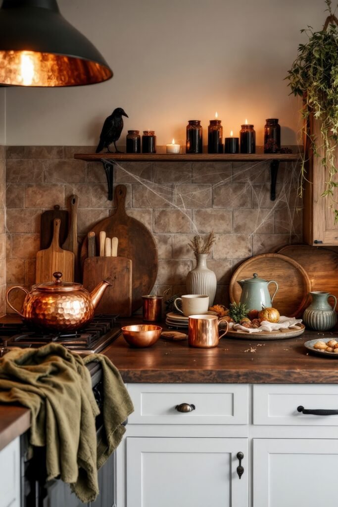 Fresh Ideas for your halloween kitchen 20 A cozy halloween kitchen with copper mugs, a hammered teapot, cutting boards, black jars with candles, and a raven figurine on a shelf surrounded by cobwebs.