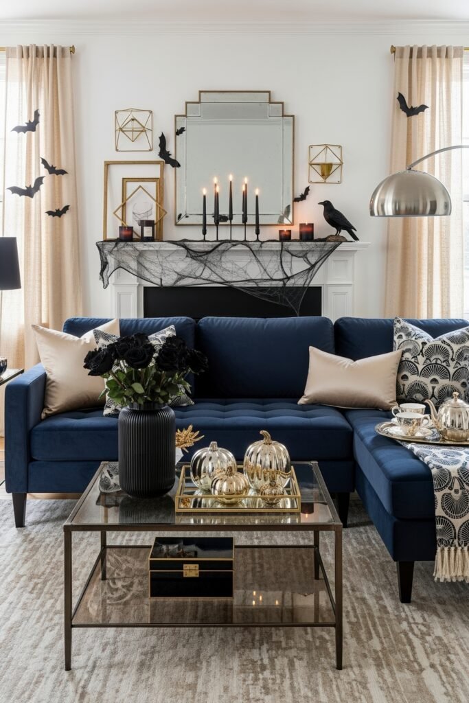 Stylish halloween living room Ideas: 15 Fresh Styles 21 Sophisticated halloween living room with navy sofa, gold accents, black roses, metallic pumpkins, cobwebs, and bat silhouettes for a Spooky-Chic Halloween Home.