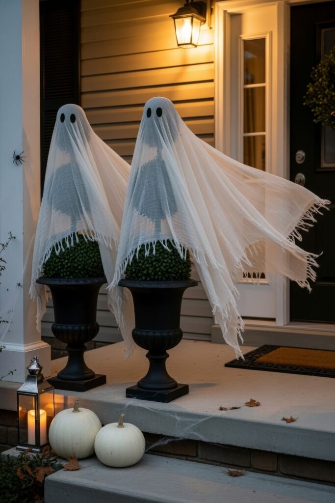 Spooky-Chic halloween porch ideas for Instant Curb Appeal 20 Entryway decorated with two ghost topiaries draped in white cloth, black urns, white pumpkins, cobwebs, and lantern light.