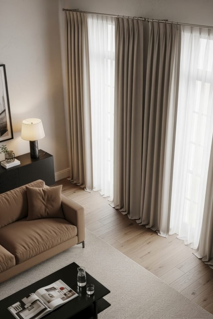 Ideas to Nail a Luxury Apartment Aesthetic 20 Sunlit living room corner with tall layered curtains, a taupe sofa, black coffee table, and soft lighting creating a calm luxury apartment aesthetic.