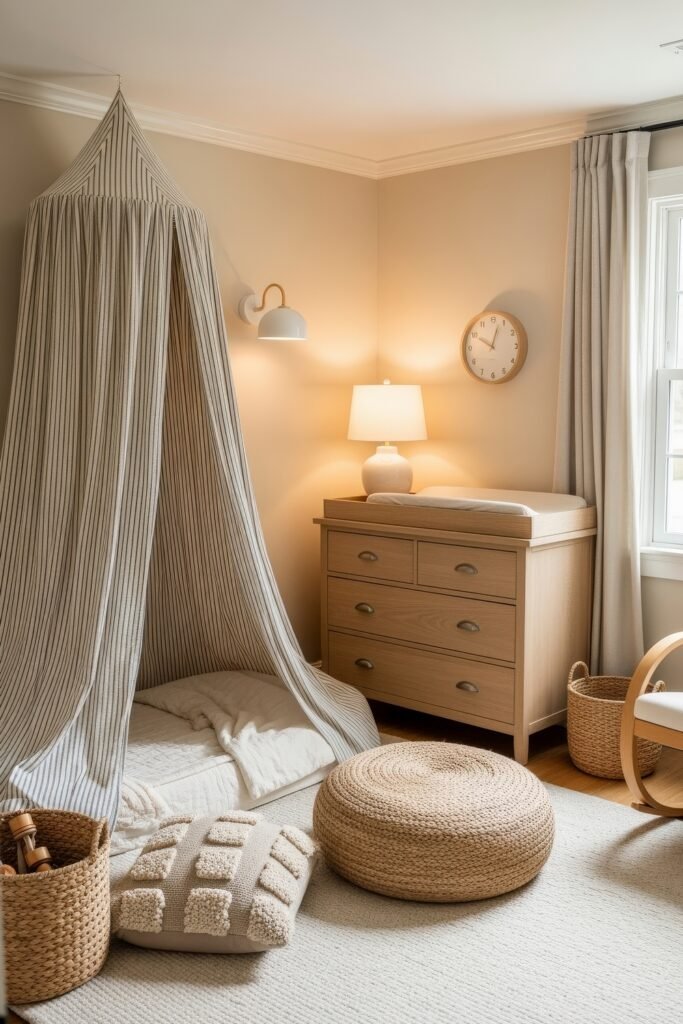 Fresh nautical nursery ideas for a calm, stylish baby room 20 Cozy nursery corner with a striped canopy floor bed, woven pouf, textured cushions, and wooden dresser, offering a dreamy retreat.