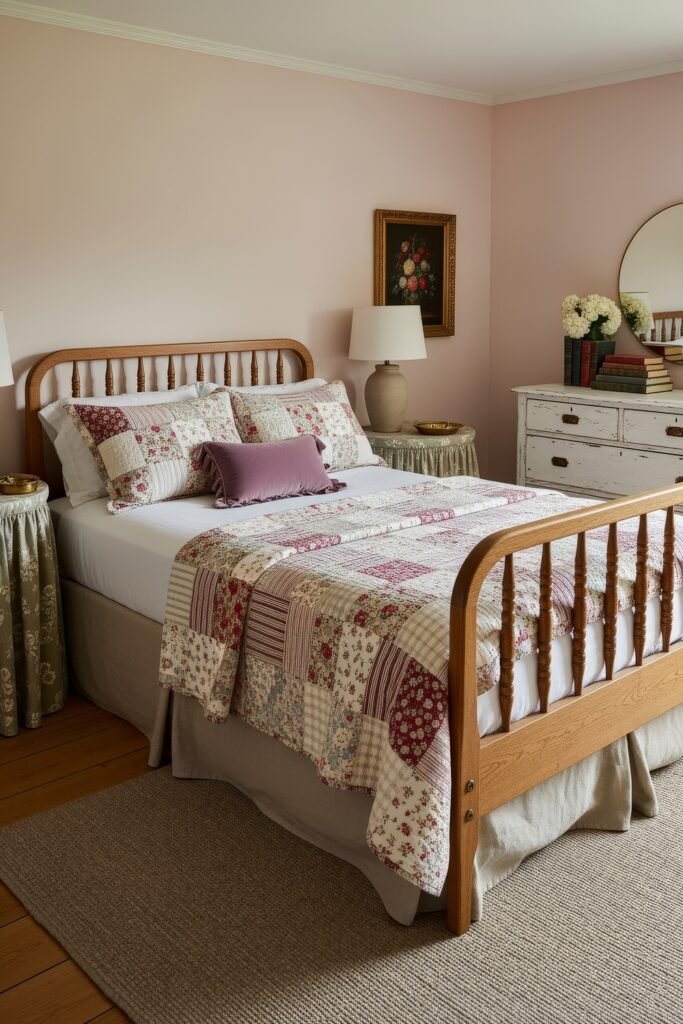 Sweet Ideas for a Romantic Cozy Farmhouse Bedroom 19 Inviting cozy bedroom with blush walls, a wooden spindle bed, patchwork quilt, purple accent pillow, and vintage white dresser.