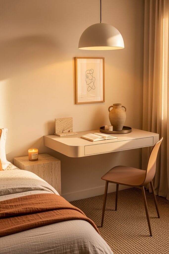 Small Bedroom Office Combo Ideas That Actually Look Chic 26 Minimalist bedroom with a floating beige desk, sculptural ceramic vase, and warm ambient lighting beside the bed.