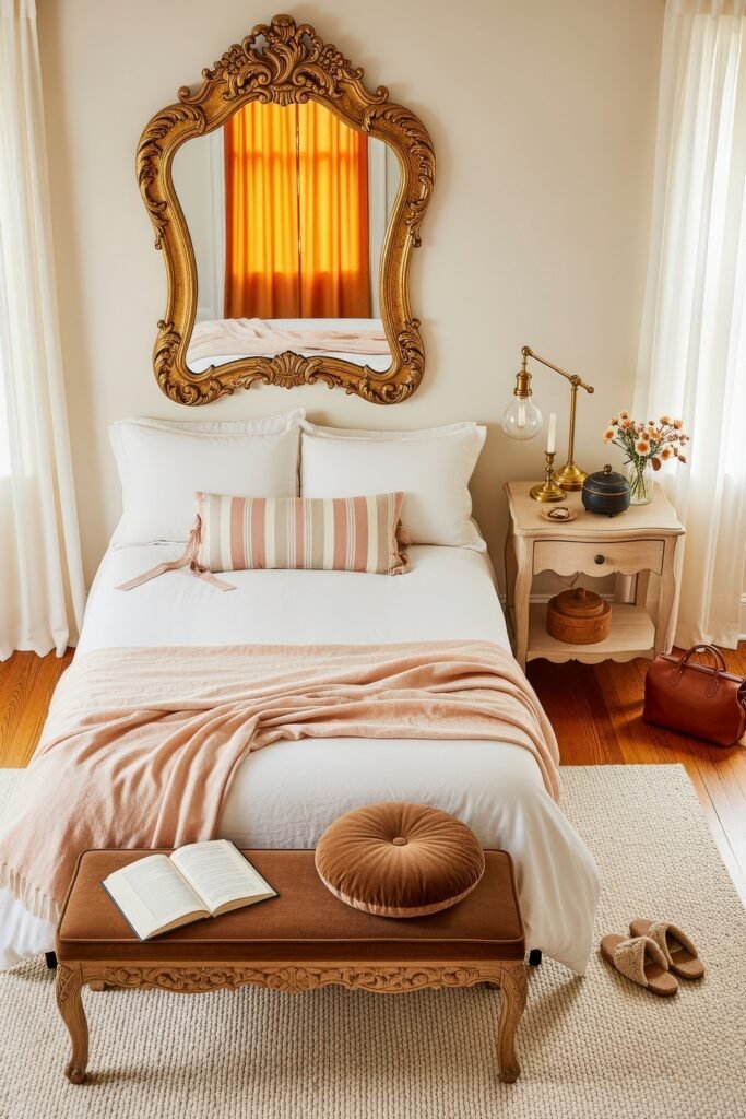 Small Bedroom Style Ideas: 15 Chic Looks That Work 26 Vintage-inspired bedroom with ornate gold-framed mirror, white bedding, and soft peach accents for a warm, romantic style.