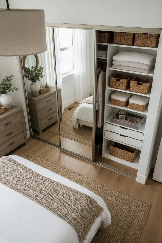 Smart, Stylish Storage Ideas for Small Bedrooms 23 Small bedroom with mirrored sliding closet doors revealing neatly organized shelves, woven baskets, and folded linens.