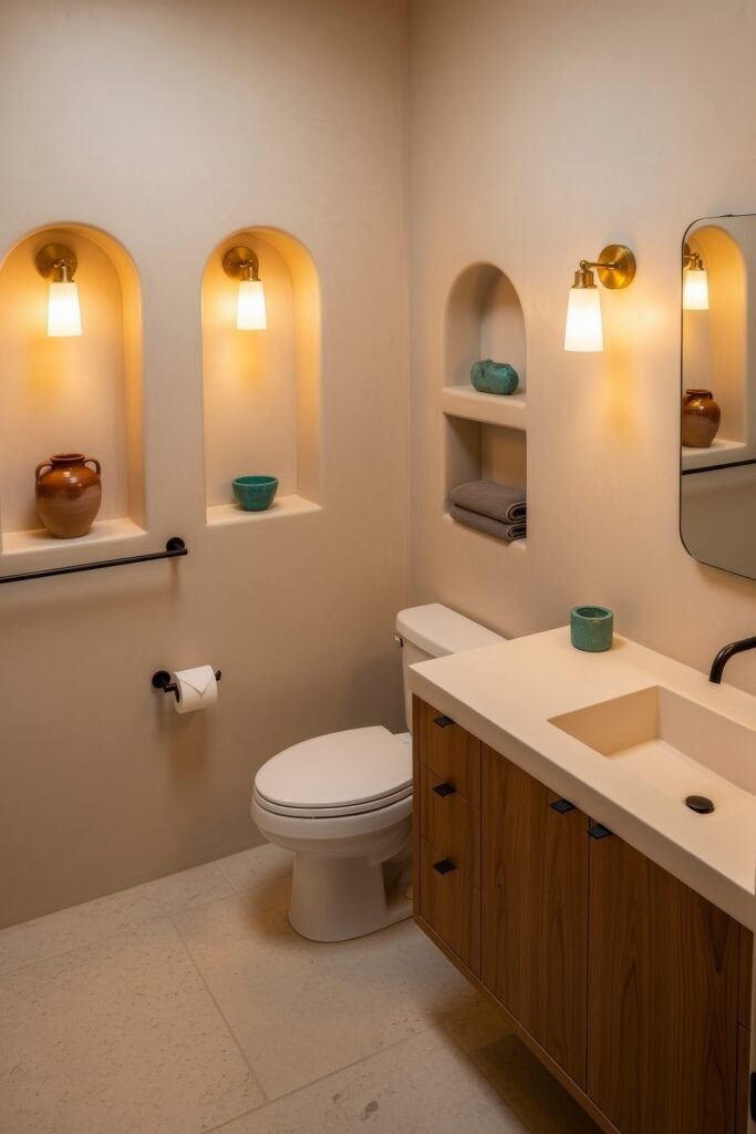 Desert-Modern Magic: Western Bathroom Decor Ideas 21 Warm-toned bathroom with arched wall niches, soft lighting, wood vanity, and turquoise accents styled for cozy western bathroom decor.
