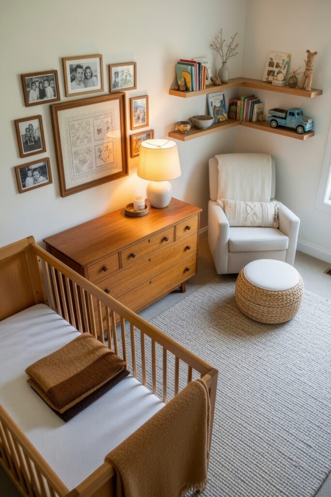 Dreamy Nursery Bedrooms: Baby Nursery Ideas for Boy 20 Cozy heritage-style nursery with wooden crib, framed family photos, warm wood dresser, and reading corner accented with woven textures.