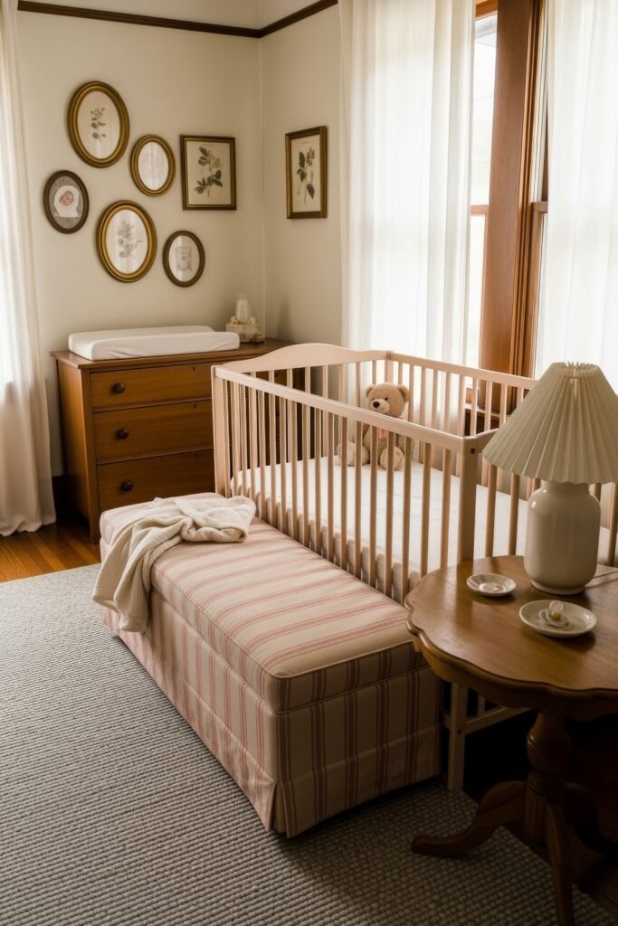 Dreamy & Stylish Baby Nursery Ideas for Girl 20 Vintage-inspired nursery with a pale wood crib, striped bench, wooden dresser, and gold-framed botanical art, styled in warm traditional tones.