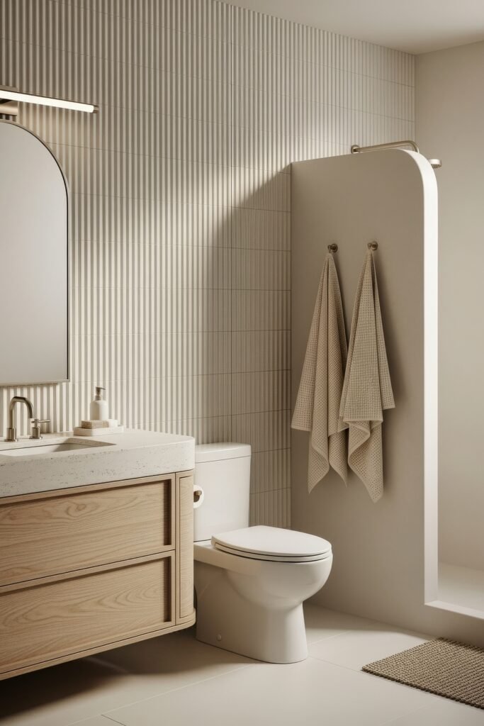 Bathroom Decor Ideas for Calm, Color, and Character 15 Neutral-toned bathroom with a ribbed tile accent wall, soft lighting, a light wood vanity, and neatly hung towels—an example of calming and clean-lined bathroom decor.