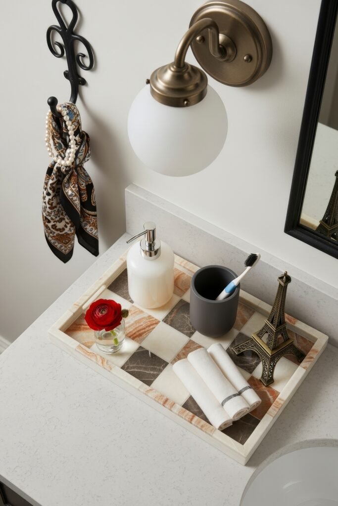 Stylish Bathroom Tray Ideas to Instantly Elevate Your Vanity 19 A bathroom tray with a red flower in a glass, soap dispenser, toothbrush holder, and a miniature Eiffel Tower on a multicolor stone checkered base, styled next to a wall hook with pearls and scarf.