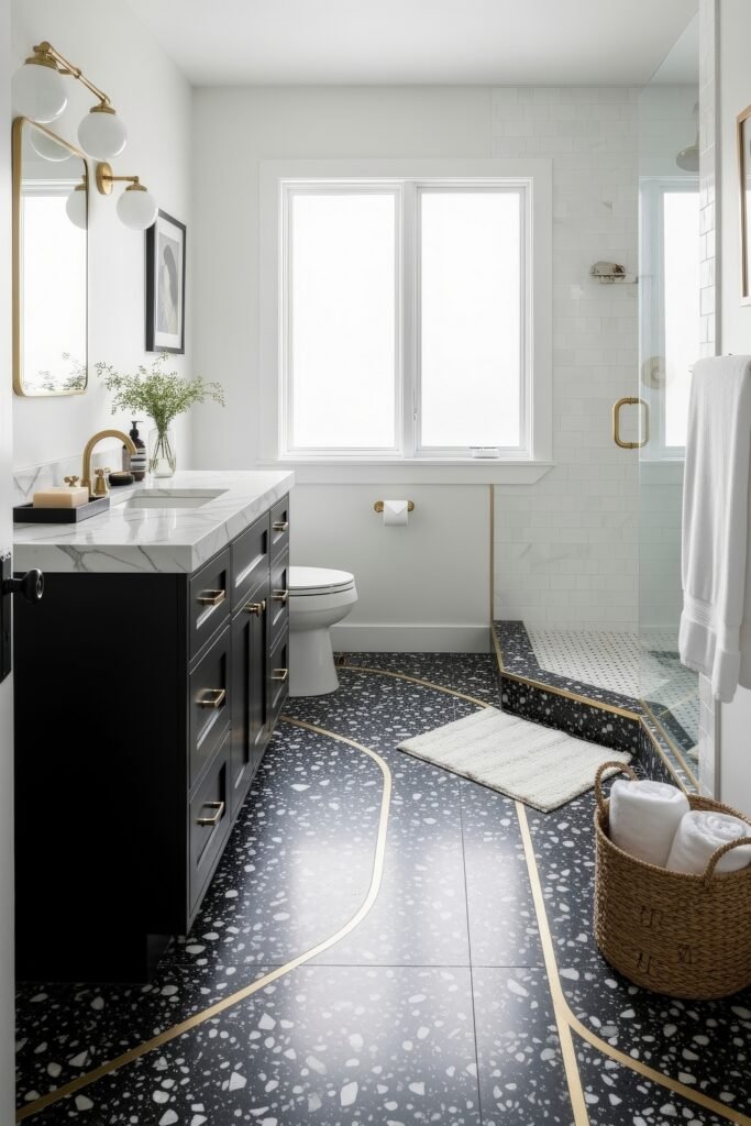 Black and Gold Bathroom Decor Ideas for Luxe Everyday Calm 23 Bright bathroom featuring a black vanity with marble countertop, terrazzo floor with gold inlays, glass shower, and woven basket for towels, blending elegance with Bathroom Decor Inspo.