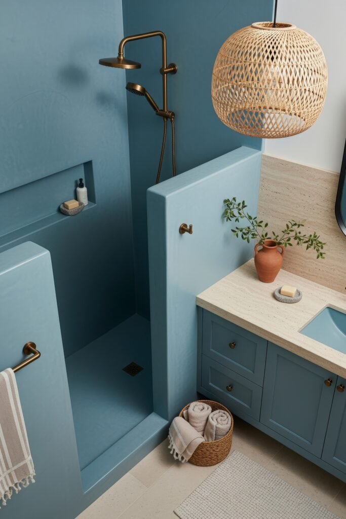 Blue Bathroom Decor: Fresh, Wow-Worthy Ideas 22 Modern bathroom with blue plaster shower, brass fixtures, and woven pendant lighting enhancing warm bathroom decor.