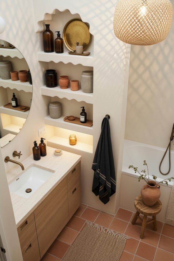 Fresh Ways to Layer Boho Bathroom Decor 23 Compact bathroom with terracotta floor tiles, built-in scalloped shelves, wood vanity, and woven pendant light for earthy boho bathroom decor.