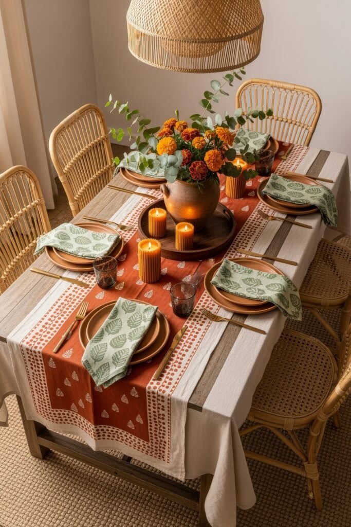 Cozy Boho Fall Decor: Ideas for Warm, Collected Style 26 Dining table styled with a patterned runner, terracotta dishes, marigold centerpiece, and glowing candles for a festive fall tablescape.