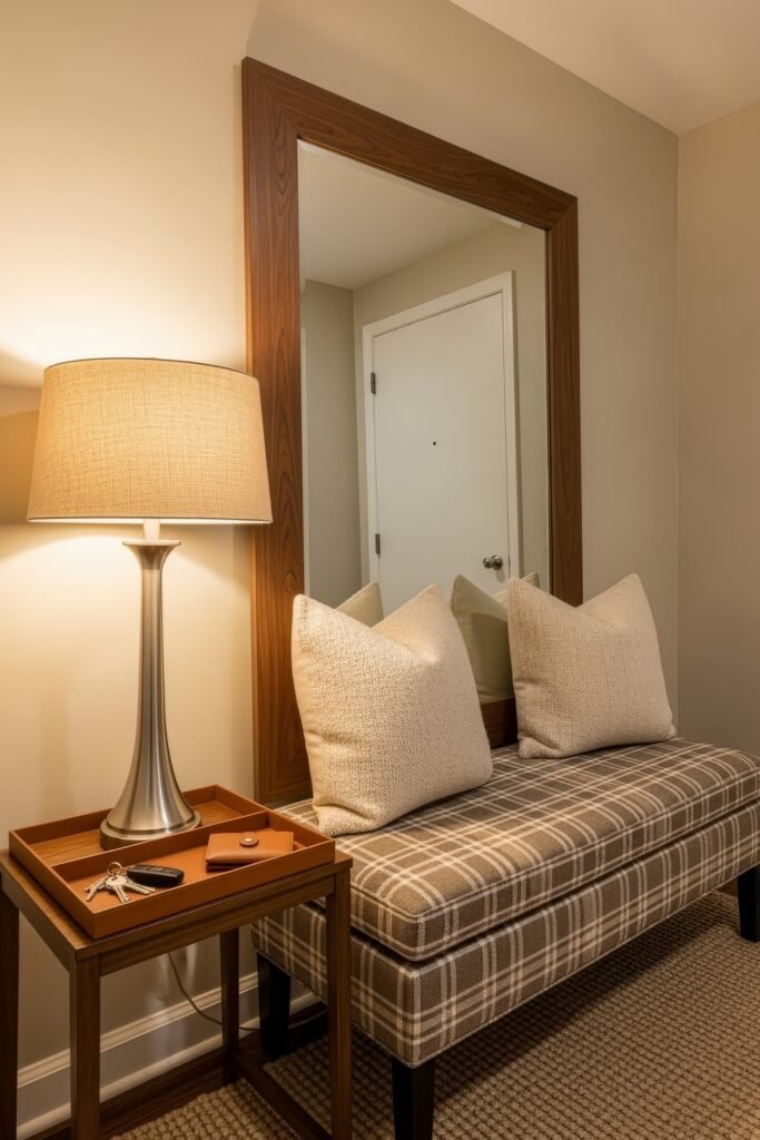 Chic Ideas for a Brown Apartment Aesthetic 20 Welcoming entryway with a plaid upholstered bench, two textured cream pillows, a large wood-framed mirror, and a slim side table with a lamp, keys, and wallet—simple and refined brown apartment aesthetic.