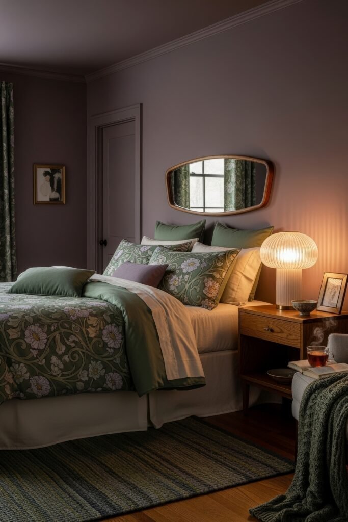 Soft & Stylish: Cozy Bedroom Ideas for an Effortless Retreat 25 Elegant bedroom with sage green floral bedding, mauve walls, warm lighting, and a striped rug, accented by a steaming cup of tea on the nightstand.