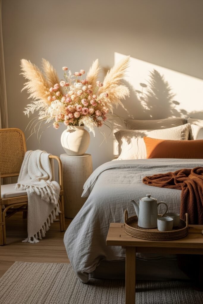Dreamy Ways to Style a Cozy Boho Bedroom 21 Softly lit cozy boho bedroom with neutral bedding, a rust throw, a wooden bench holding a ceramic tea set, and a large vase of pampas grass and pink dried flowers casting dramatic shadows on the wall.