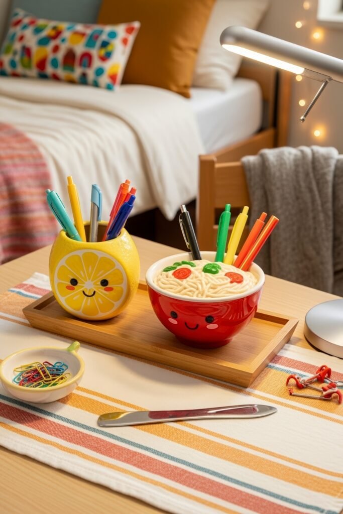 Dorm desk organization ideas for a chic glow-up 18 Playful dorm bedroom glow-up with cheerful pen holders shaped like a lemon and ramen bowl, colorful stationery, and string lights.